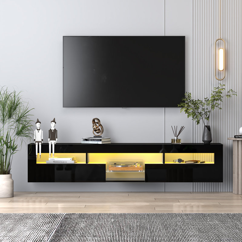 LED Floating TV Stand For 65 Inch TV Modern High Glossy Wall Mounted TV Cabinet For Living Room Bedroom Black